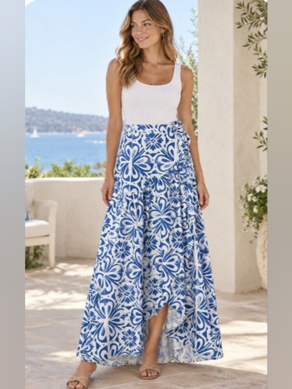 Anthropologie White and Blue Floral Wrap Maxi Skirt